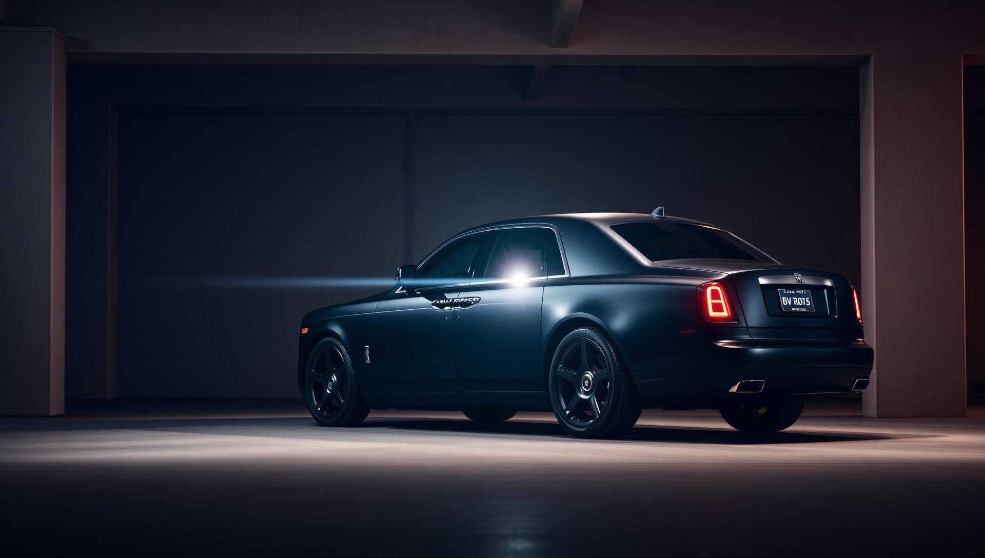 Matte black Rolls Royce Phantom in a concrete garage
